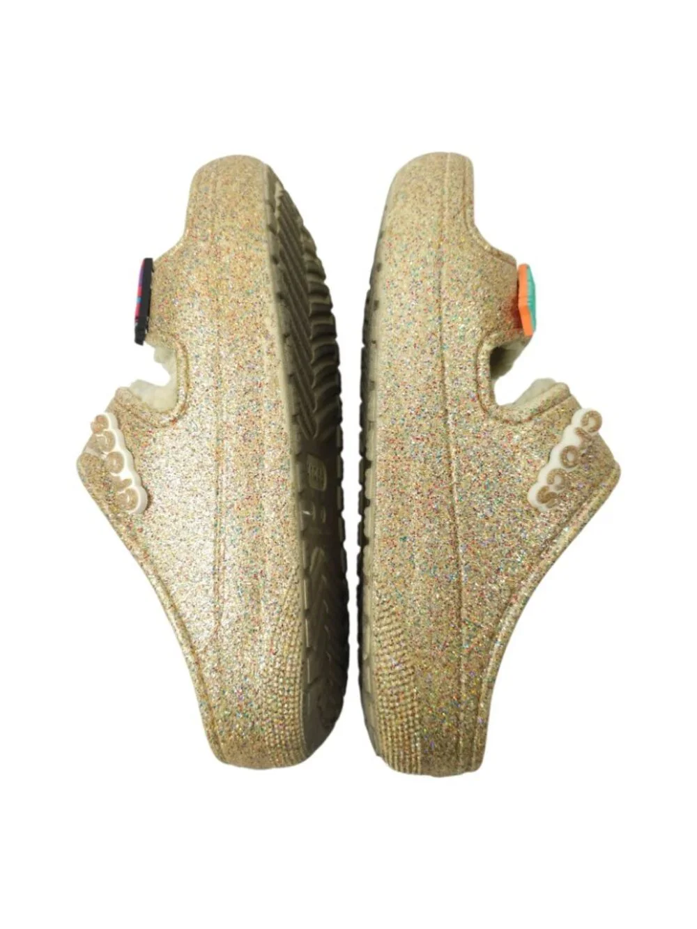 Crocs Classic Cozzzy Glitter Sandals Women 7 Gold Fuzzy Lined Slide Taco Jibbitz